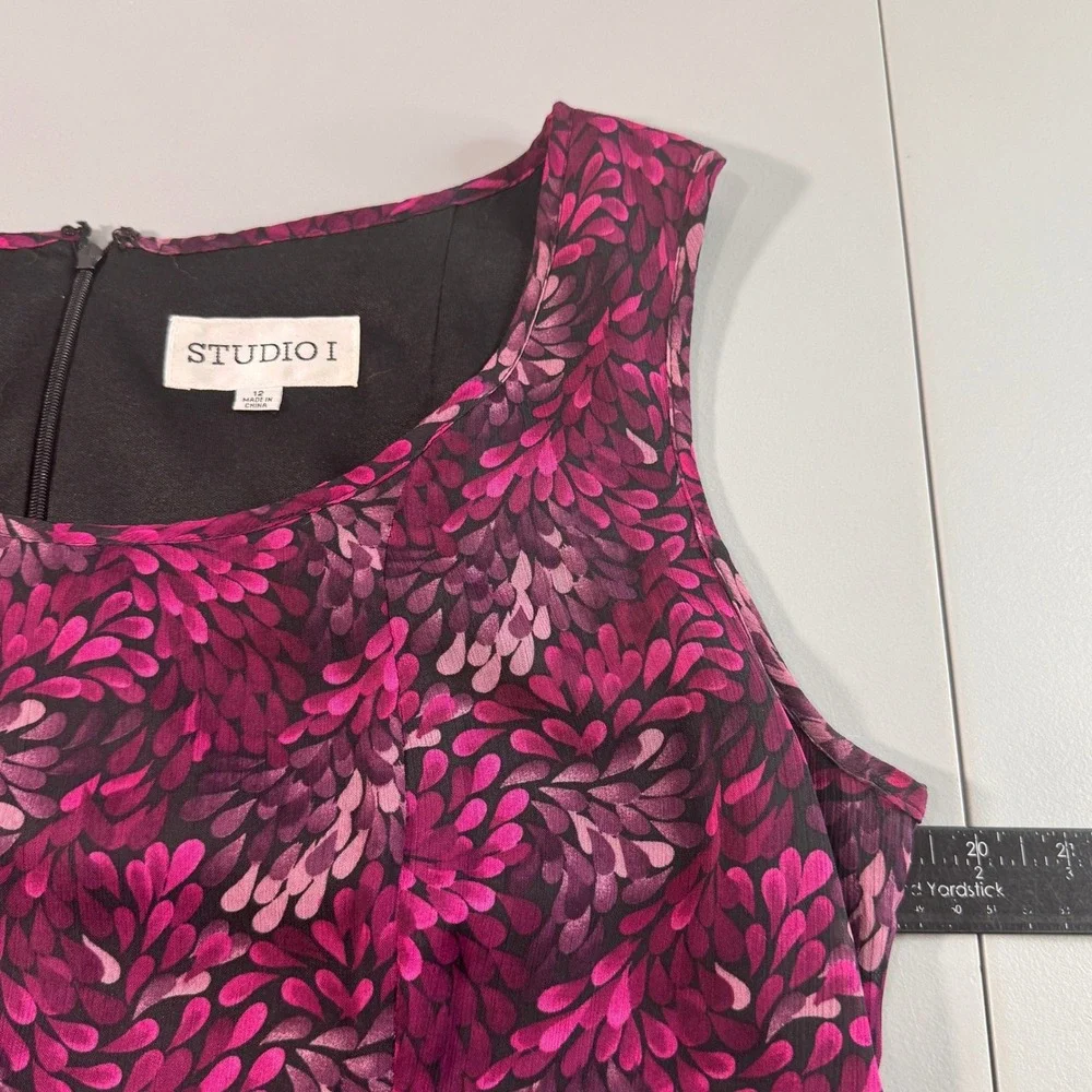 Studio I Dress & Cardigan Set Womens 12 Magenta Floral Ruffle Good 2pc Modest